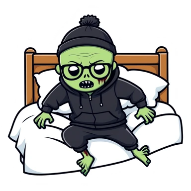 bald zombie with glasses, wearing a black beanie, black hoodie, stumbling into bed sticker