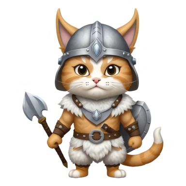 valorous Viking cat in Valhalla, with a horned helmet, standing on a cloud sticker