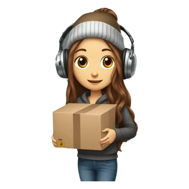 skinny young lady, long brown hair with beanie and big headphones holding a box sticker