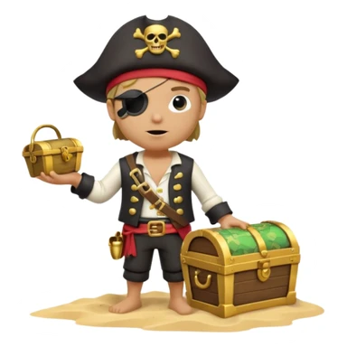A 3D cartoon pirate with one eye covered by a black eye patch, holding a treasure chest of gold, wearing a hat, standing on sand, Memoji-style. sticker