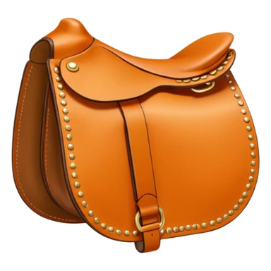 Hermès-style saddle, detailed leatherwork, Hermès orange and gold accents, luxury, cute emoji style sticker