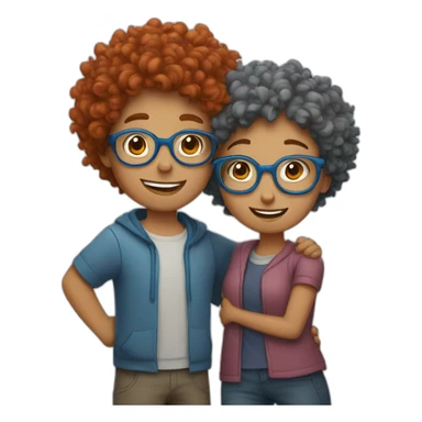 a girl with red curly hair and blue glasses hugging a boy with gray hair sticker