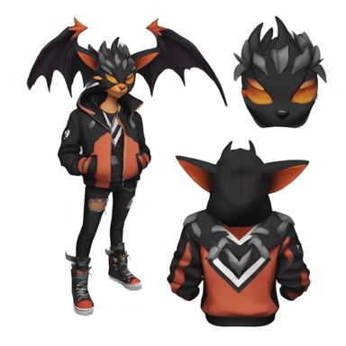 Cool Anthro Black Noivern-Quiana-Litten-Pokémon with edgy stripes hoodie spiked collar punk Full Body sticker