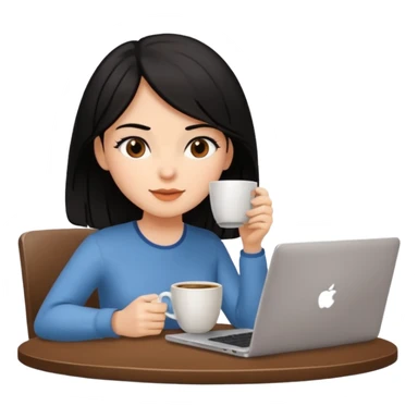 laptop and coffee are on the table. coffee is not on the laptop. the girl with medium-length black hair is drinking coffee. sticker