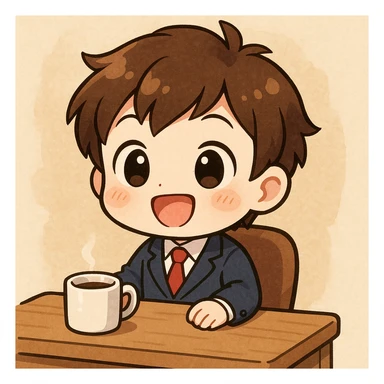 chibi character at a desk with a coffee mug, cheerful expression, chibi style sticker