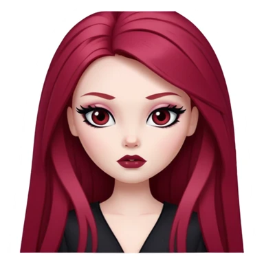 straight long wine red hair, pale skin, dark black eyes, pretty bratz baddie, black eyeliner, blush sticker