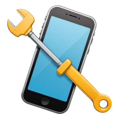 Minimalistic flat vector icon, iOS style, thin black contour on white background. Smartphone with a wrench and screwdriver crossing it. Clean, no text, no shadows sticker