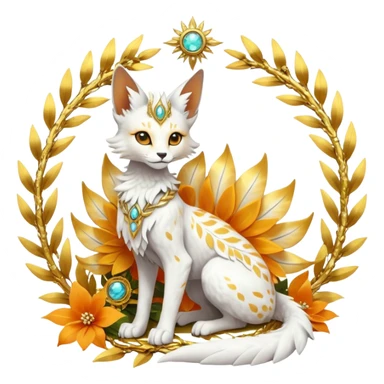 Epic complex fantasy glorious detailed futuristic divine godly angelic feathery sunny, white, albino, pastel, golden, orange glowing sparkly, realistic Fakémon-Sprigatito-Floragato-Meowscarada-Trico-Sergal-Serval-Solgaleo-Vernid-creature (full body) solarpunk, shiny sparkly with gold wreaths sticker