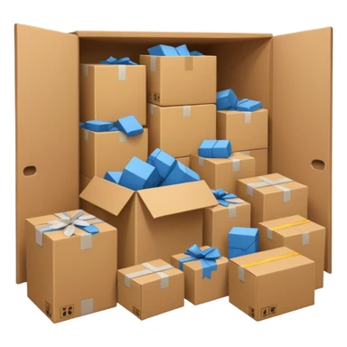 Generate a realistic emoji-style of a overfilled storage room where the packages are falling over sticker