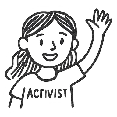 The face of an activist girl waving her hand in a blue T-shirt sticker