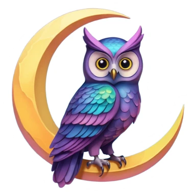 iridescent crescent moon with an owl sitting in the middle of it sticker