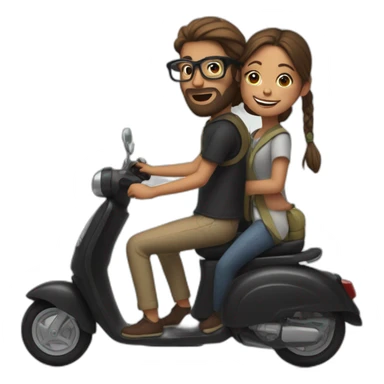 boy with long hair tied in a bun, beard, and glasses, riding a black scooter with a girl on the back sticker