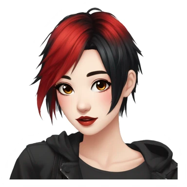 Gorgeous anime style lady with blushing face aesthetic and pretty edgy black red punk hair with hair garment trending style sticker