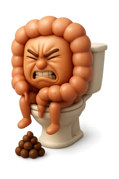 EMOJI STILE IPHONE 3D DI UN INTESTINO CHE sta seduto sul wc e davanti ha una montagnetta di feci a palline stile emoji iphone, fallo senza naso e FAGLI UN ESPRESSIONE di dolore mentre si sforza E FALLO MOLTO REALISTICO IN 3D sticker