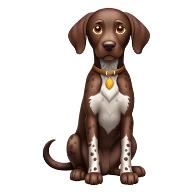 cinematic-[german pointer]-realistic-full-body-sitting-emoji,-tail-resting-loosely-beside-its-paws,-head-tilted-dramatically,-sleek-[brown spotted]-fur,-simplified-yet-realistic-focused-features,-highly-detailed,-glowing-with-an-almost-sarcastic-glow sticker