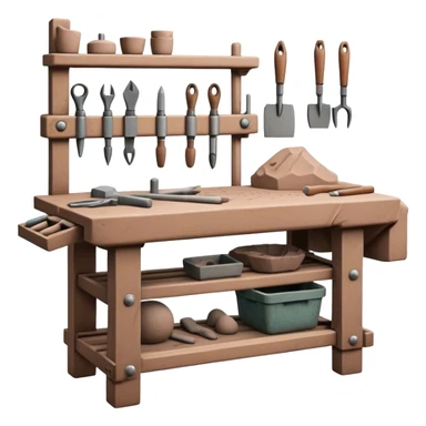 Cinematic Realistic image of a workbench set with a lump of pliable clay and artisanal sculpting tools, rendered with finely detailed textures that reveal subtle clay particles and well-worn tool surfaces, bathed in warm, focused studio lighting sticker