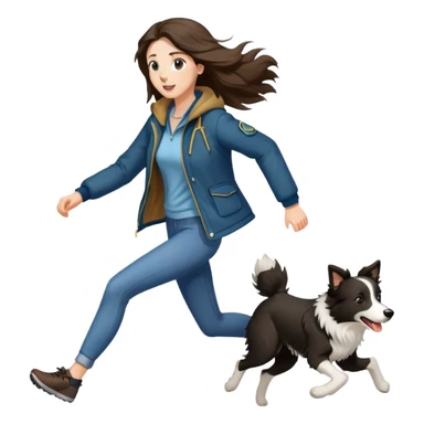 A beautiful tall girl with fair skin and long hair wearing a jacket and running with a Border Collie sticker