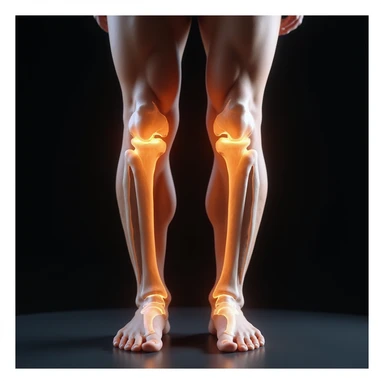 hyperrealistic 4K anatomical view of valgus knee, man's legs, knees touching and ankles separated, bones and joint highlighted, white background, valgus deviation clearly visible, variant 4 with slightly changed leg position sticker