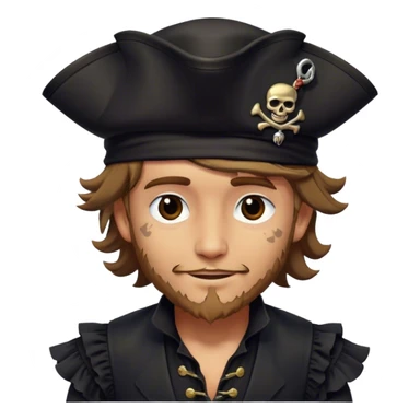 A kindhearted pirate in a black ruffled shirt, black waistcoat, and an ornate black hat, his friendly gaze welcoming sticker