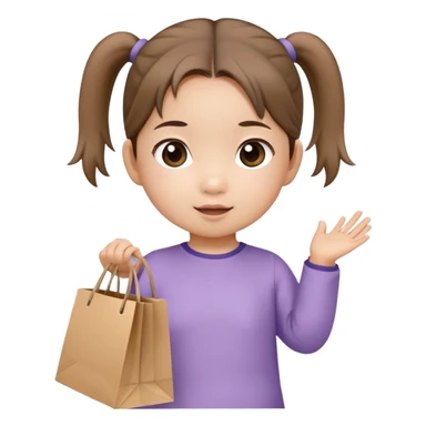 Asian toddler girl in 2 pony tails holding one shopping bag sticker