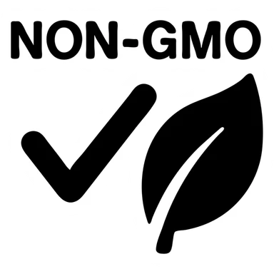 NON-GMO icon, simple and bold, uses a green checkmark and a leaf, minimalistic sticker