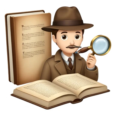 Icon for Detective Reading: an open book with text and a magnifying glass, a detective’s hat and a notebook with clues, surrounded by dark shadows and mysterious elements like footprints and a smoking pipe. Transparent background. sticker