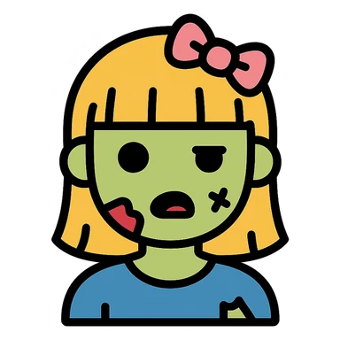 zombie girl with bangs, medium light hair and a pink bow sticker