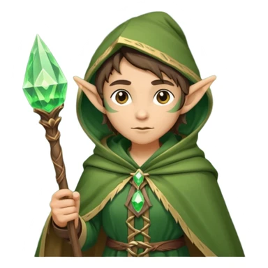 {
      "type": "human",
      "look": "forest elf mage, green cloak, wooden staff, glowing crystal tip",
      "description": "a forest elf mage in green cloak holding a wooden staff with a glowing crystal tip"
    } sticker
