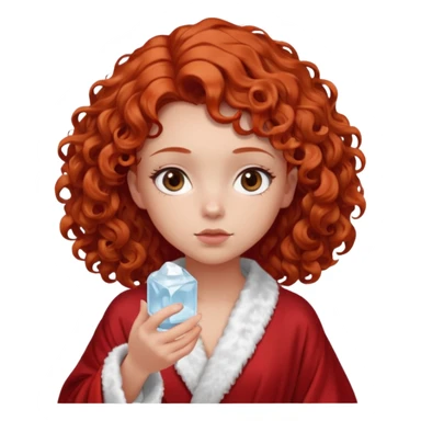 Cartoon emoji of a girl with voluminous curly red hair, fair skin, warm brown eyes. Wearing a chic milky silk robe with long sleeves, no makeup. Portrait mode, holding a ice cube, looking doubtful and unsure. Smooth, simple, stylized." sticker