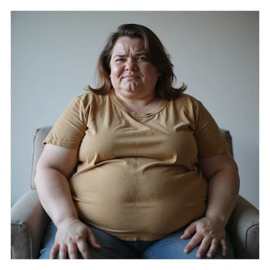 hyperrealistic 4K vertical 9:16 portrait of a fat woman sitting with an expression of fatigue or frustration, isolated white background sticker
