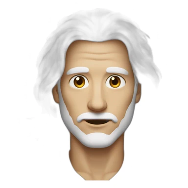 A tall man with long white hair, broad shoulders, dressed in white, has a scar on his right eye, right eye is completely white, left eye is dark brown. sticker