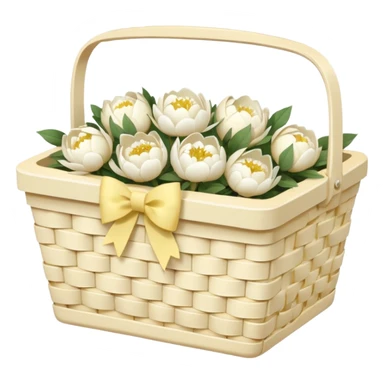 White Picnic basket with pastel yellow bow and white peonies inside sticker