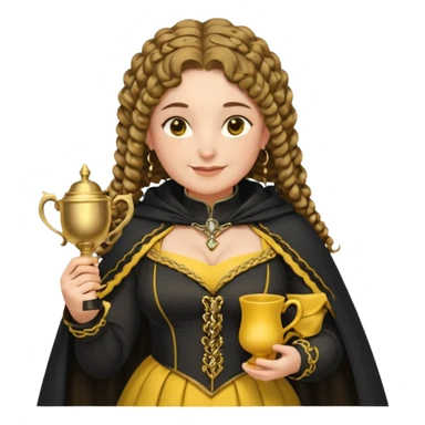 Helga Hufflepuff, 2 curly thick brown braids, yellow-black medieval dress, black cloak decorated with gold braiding, tiny two-handled shiny yellow-gold cup, very kind smile, curvy busty sweet woman, thick rosy cheeks sticker