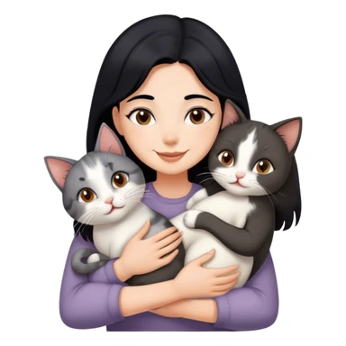 happy girl with black hair hugging three cats  (carey cat, gray cat, brown calico cat) sticker