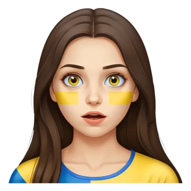 Brunette woman with long hair, Ukrainian flag (blue and yellow) painted on her cheek, surprised expression sticker