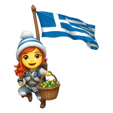 red hair female winter mountaineer climbing with Easter basket and Greek flag sticker