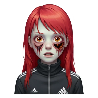 Crie um emoji de uma menina zumbi  com o cabelo vermelho longo com uma franja reta casaco de gola alta da adidas sticker