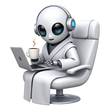 An emoji of a remote-working robot, sitting comfortably with a laptop, wrapped in a cozy bathrobe. The robot has a sleek, futuristic design with expressive digital eyes, sipping a virtual coffee. The scene should feel relaxed yet high-tech sticker