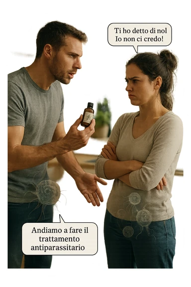 A highly realistic, cinematic photo of a young couple in their early 30s having an argument in a bright modern kitchen. The man, athletic build, wearing a casual T-shirt and jeans, is speaking firmly with a raised hand holding a small amber glass bottle labeled with a subtle herbal symbol, saying 'Andiamo a fare il trattamento antiparassitario' with a determined expression. The woman, with long dark hair tied in a messy bun, casual home outfit, crosses her arms with an angry, defensive expression, replying 'Ti ho detto di no! Io non ci credo!' while slightly turning away. Tension is visible in their body language, with the man leaning forward trying to explain and the woman leaning back, her eyebrows furrowed. Around them, subtle ghostly overlays of microscopic parasites are faintly visible near their abdominal areas, symbolizing the hidden reason for the argument. The kitchen is bright and modern with plants and natural light, contrasting the emotional tension. The style is hyperrealistic with warm tones and shallow depth of field focusing on their facial expressions, illustrating the conflict between belief in natural treatments and skepticism within the couple regarding hidden parasitic infections. in italiano sticker