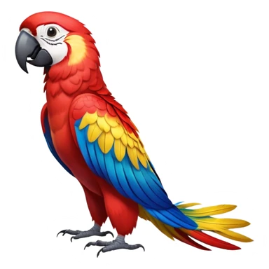 cinematic-macaw-realistic-full-body-standing-emoji,-vibrant-feathers-glowing-with-rich-reds,-blues,-and-yellows,-head-tilted-dramatically,-curved white-beak-gleaming,-piercing-dark-eyes-exuding-confidence,-simplified-yet-realistic-focused sticker