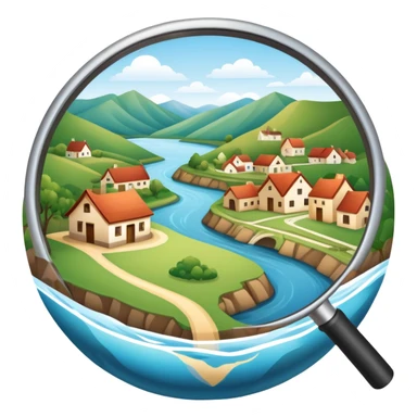 An icon featuring a magnifying glass over a local map, with a small village, traditional house, and natural landmarks like a river and hill, symbolizing local history and geography. Transparent background highlights the study of native land, culture, and heritage. sticker