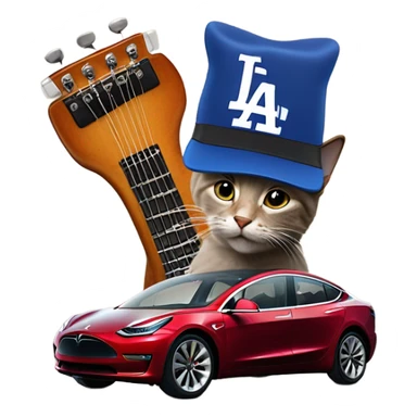 Cat play guitar with Jordan’s and a dodgers hat on top of a Tesla model 3 sticker