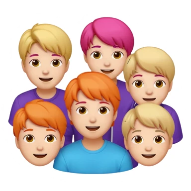 BTS group emoji featuring all seven members together, group pose, cheerful expressions, vibrant colors, simple background sticker