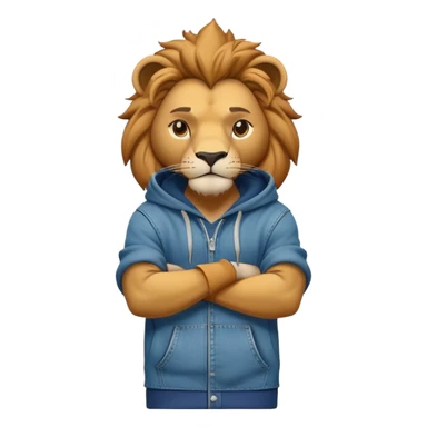 determined anthropomorphised lion in a hoodie and jeans with arms folded, energetic pose sticker