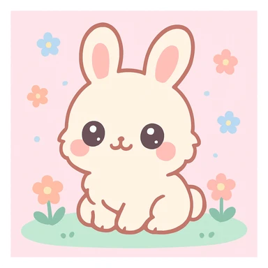 fluffy chibi bunny, big round eyes, soft fur, pink cheeks, sitting on a grassy field with flowers, pastel springtime, kawaii cartoon, digital art, high resolution sticker