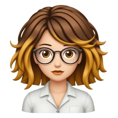 Uma garota de cabelos cacheados com mechas loiras, com pele morena clara e óculos sticker