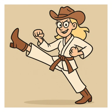 karate cowgirl, dynamic pose, western hat, martial arts uniform, confident expression, energetic sticker