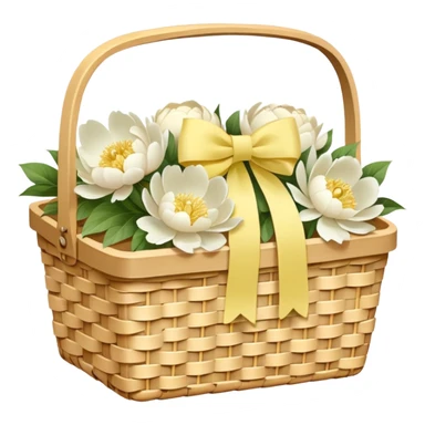 White Picnic basket with pastel yellow bow and white peonies inside sticker