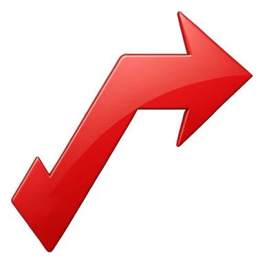 iOS-style 3D emoji: upward-pointing arrow with a zigzag line chart shape, glossy red surface, thick beveled edges, soft shadow, no text, no face sticker