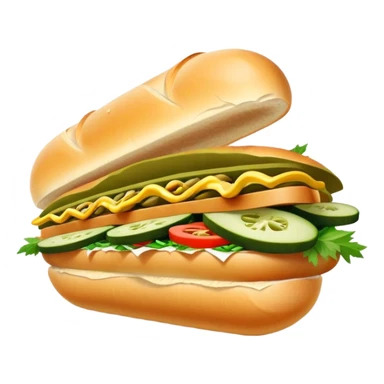 Cinematic Realistic B√°nh m√¨ Sandwich Dish Emoji, showcasing a crusty baguette filled with savory meats, pickles, and fresh herbs rendered with dynamic detail and appetizing lighting. sticker